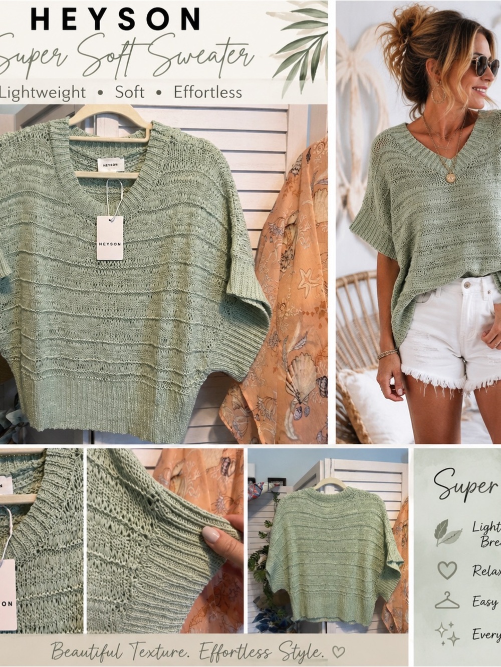 Heyson Women's Sage Green Lightweight Dolman Sweater Poncho